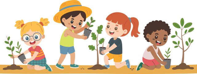 Children planting trees together, environmental education, teamwork, nature care, gardening activity, eco-friendly lifestyle, kids outdoors, sustainability, soil, saplings, green future