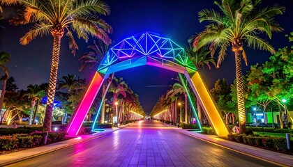 Colorful illuminated archway with geometric lights over palm-lined pedestrian path at night for editorial urban photography festive design and poetic spectacle-themed visuals