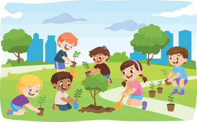 Children planting trees in urban park, teamwork, environmental awareness, nature conservation, happy kids, green city, outdoor activity, eco-friendly lifestyle, education