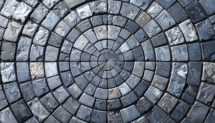 Cobblestone circle pattern emanates from a central point, radiating outward with varying shades of gray stones