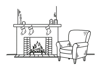 Illustration of hand drawn fireplace with armchair isolated on transparent background