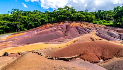 Colorful earth dunes display vibrant reds, yellows, and purples under a blue sky, with a line of green trees