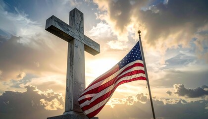 Stone cross monument and American flag silhouetted at sunrise on grassy hill for editorial tribute photography patriotic faith design and poetic remembrance-themed visuals