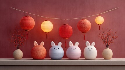 Festive Chinese New Year Scene With Red Lanterns And Cute Bunny Decorations In Pixel Art Style On Textured Red Wall With Subtle Lighting