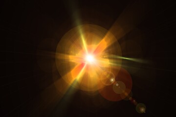 Golden Sun Lens Flare Burst Overlay​, Beautiful Optical Lens Flare Golden Sunlight​, Warm Sun Flare Light Burst Abstract