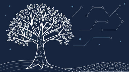 Abstract digital tech tree low poly wireframe style, showcasing blend of nature and technology, evokes sense of innovation