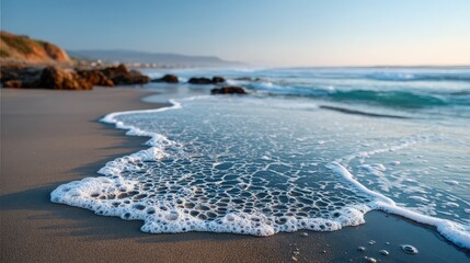 Gentle ocean waves create delicate foam patterns on a sandy beach with rocky coastline and distant hills under a soft blue sky and warm sunlight