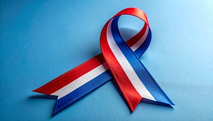 Red white and blue awareness ribbon looped on light gradient background for editorial campaign photography patriotic design and poetic unity-themed visuals
