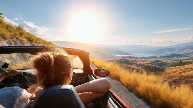 Road trip adventure open top vehicle landscape scenic view sunny day - Powered by Adobe