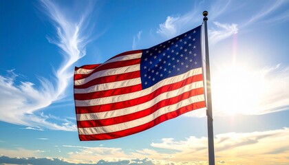 American flag waving in wind against vibrant sunrise or sunset sky with scattered clouds for editorial patriotic photography national pride design and poetic freedom-themed visuals