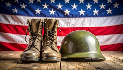 Military tribute with worn combat boots green army helmet and American flag for editorial patriotic photography commemorative design and poetic sacrifice-themed visuals