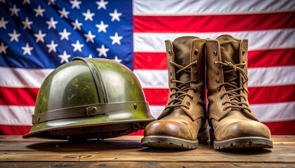 Military tribute with worn combat boots green army helmet and American flag for editorial patriotic photography commemorative design and poetic sacrifice-themed visuals