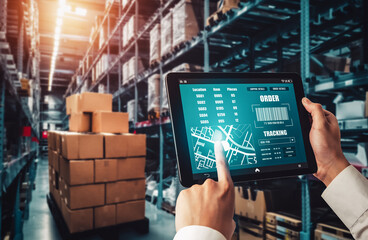 Warehouse management innovative software in computer for real time monitoring of goods package...