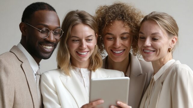 A group of four cheerful professionals, diverse in background, gather around a tablet, sharing ideas. They smile and engage warmly in a bright, stylish office space