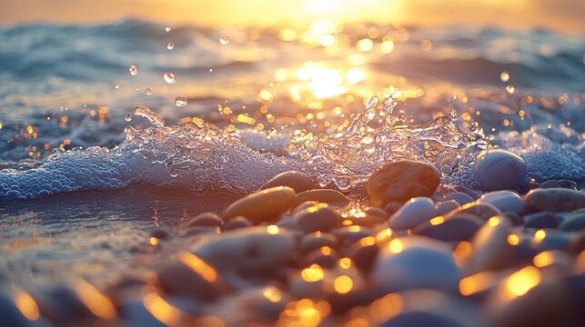 Coastal sunset splash on pebbles