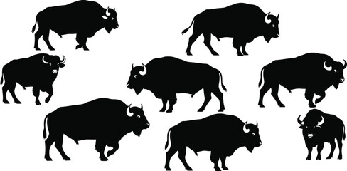 Bison silhouette vector set, black buffalo icons, side profile poses, wild animal design, prairie wildlife illustration, American nature artwork, rustic theme