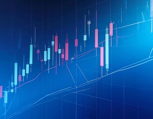 An abstract representation featuring glowing lines and charts. Displays red and blue candlestick patterns with overlayed data. The dominant hue is a striking blue