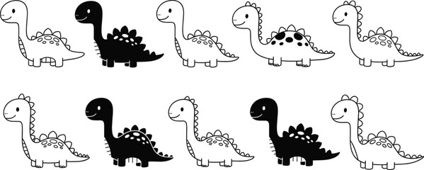 Cartoon dinosaur silhouette vector set, black and white prehistoric icons, playful stegosaurus design, children’s illustration, cute animal artwork, fun theme © MD. NUR ISLAM