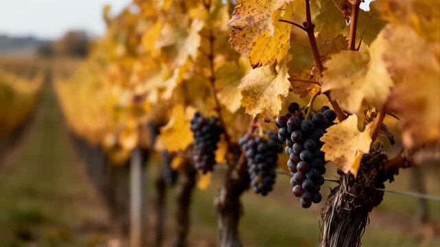 Vineyard Rows With Ripe Dark Grapes and Golden Autumn Leaves Under Soft Natural Light