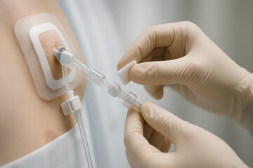 Photorealistic parenteral nutrition (PN) setup in ICU, central venous catheter line connected to dual-chamber PN bag with separate lipid emulsion bag
