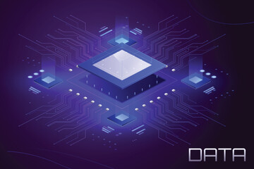 CPU with Light Glowing Neon Frame on Circuit Board - Technology Semiconductor on Blue Background, Empty AI Chip, Digital Tech Background, Big Data and Artificial Intelligence Concept Power