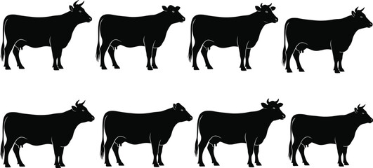 Cow silhouette vector set, black farm animal icons, side profile poses, livestock design, rural cattle illustration, horned cow artwork, pasture theme