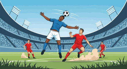 Soccer players compete for the ball during a match in the stadium.