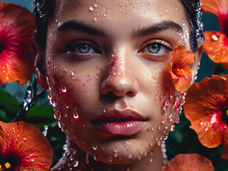 A surreal portrait of a woman with hibiscus petals forming her facial features, sparkling eyes made of dewdrops.