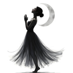 Mystic Embrace: A woman gracefully dances beneath the serene glow of the crescent moon, her silhouette a vision of elegance. A tribute to the inner world, a symbol of serenity and connection.