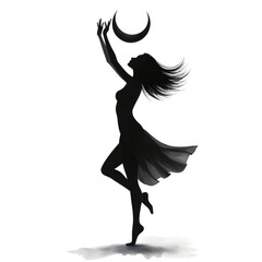Reaching for the Crescent: A graceful silhouette of a woman dances under the night sky, her arms outstretched towards a luminous crescent moon, embodying dreams, aspirations.