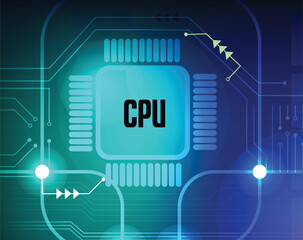 CPU with Light Glowing Neon Frame on Circuit Board - Technology Semiconductor on Blue Background, Empty AI Chip, Digital Tech Background, Big Data and Artificial Intelligence Concept Power