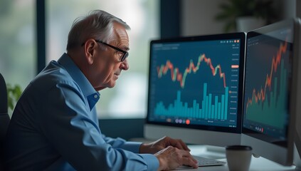 Fototapeta premium A senior business man looking at trending graph for business growth