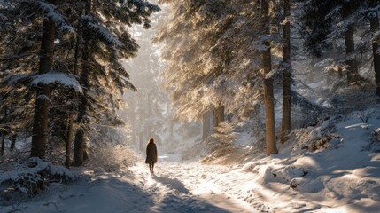 Woman walking on snowy forest path during winter day