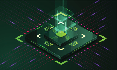 CPU with Light Glowing Neon Frame on Circuit Board - Technology Semiconductor on Blue Background, Empty AI Chip, Digital Tech Background, Big Data and Artificial Intelligence Concept Power