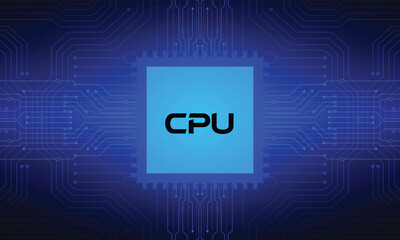 CPU with Light Glowing Neon Frame on Circuit Board - Technology Semiconductor on Blue Background, Empty AI Chip, Digital Tech Background, Big Data and Artificial Intelligence Concept Power