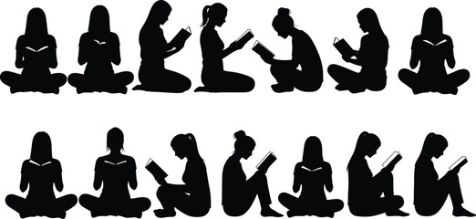 Reading silhouette vector set, black book lovers icons, seated reader poses, educational theme, quiet activity illustration, hand-drawn learning design