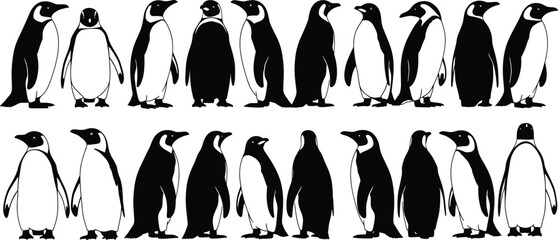 Stylized penguin vector set, black and white silhouettes, cartoon bird icons, minimal animal illustrations, unique poses, cute wildlife characters, hand-drawn design © MD. NUR ISLAM