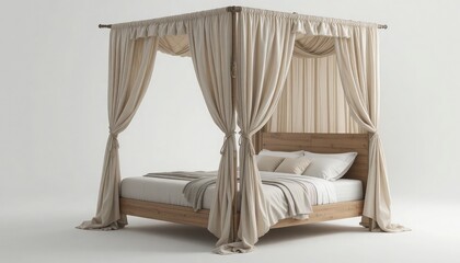 A full view of a canopy bed with light colored curtains and bedding in a bright white room space