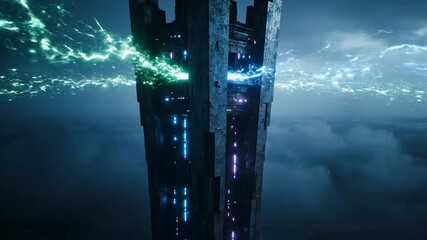 digital information tower with electric energy flow - Powered by Adobe