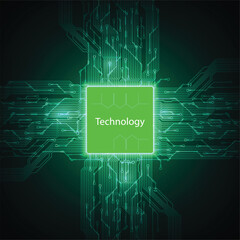 CPU with Light Glowing Neon Frame on Circuit Board - Technology Semiconductor on Blue Background, Empty AI Chip, Digital Tech Background, Big Data and Artificial Intelligence Concept Power