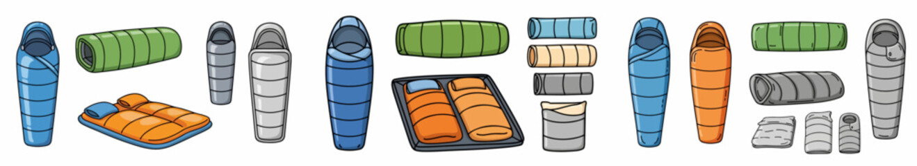 Rolled sleeping bags and camping gear
