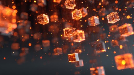 Illuminated data streams intertwined with suspended cubes in a futuristic digital landscape