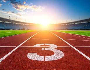 Running Track with Lane Number Three and Stadium at Sunset.