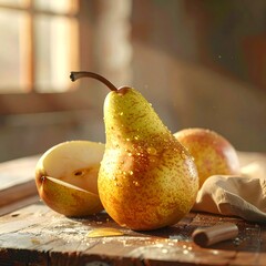 Ripe Pears on Rustic Wooden Table with Natural Light.