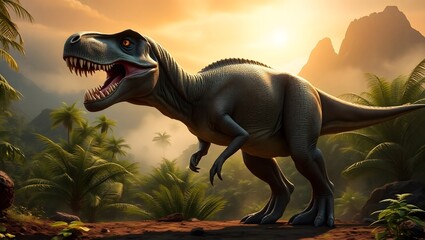 Majestic tyrannosaurus rex roaring in a lush prehistoric jungle landscape