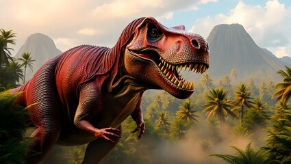 Fierce tyrannosaurus rex dinosaur roaring in a lush prehistoric jungle landscape