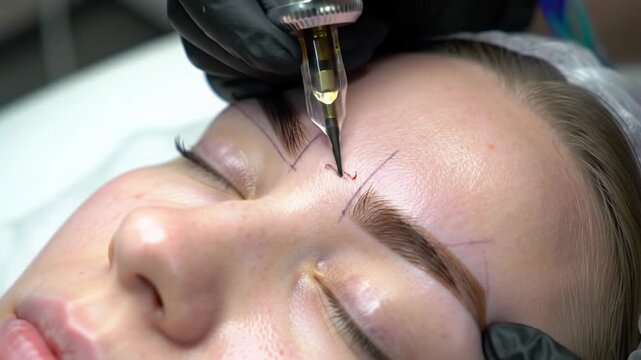 Young caucasian woman's brow, extreme close-up overhead video, microblading by gloved beautician, precise strokes, hair-like detail, sterile salon. Beauty concept