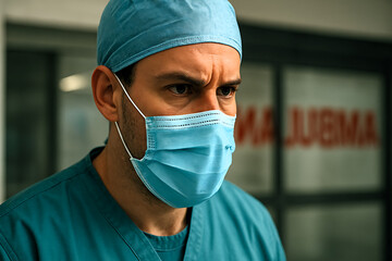 A focused surgeon wearing a blue mask and surgical cap stands in a hospital corridor. His intense expression reflects determination and concentration before a critical procedure.