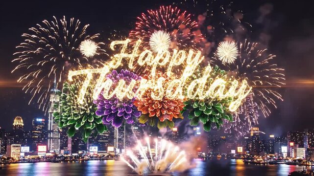 A cityscape is illuminated by fireworks that form the phrase "Happy Thursday," with water reflecting lights