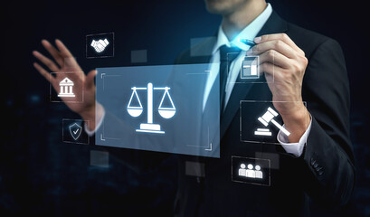 Legal compliance and governance concept showing justice scale, courthouse, contract, policy, agreement, rule, and protection of rights in legal or business environment Vouch